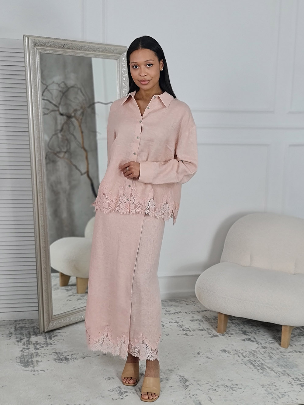 Юбка Atelier Emi с кружевом снизу пудра, фотография №4