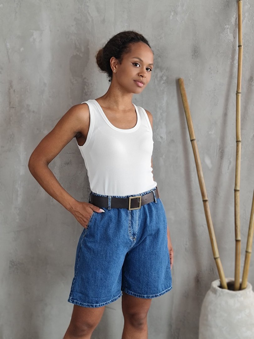 Шорты Please с коричневым ремнем синие, фотография №2