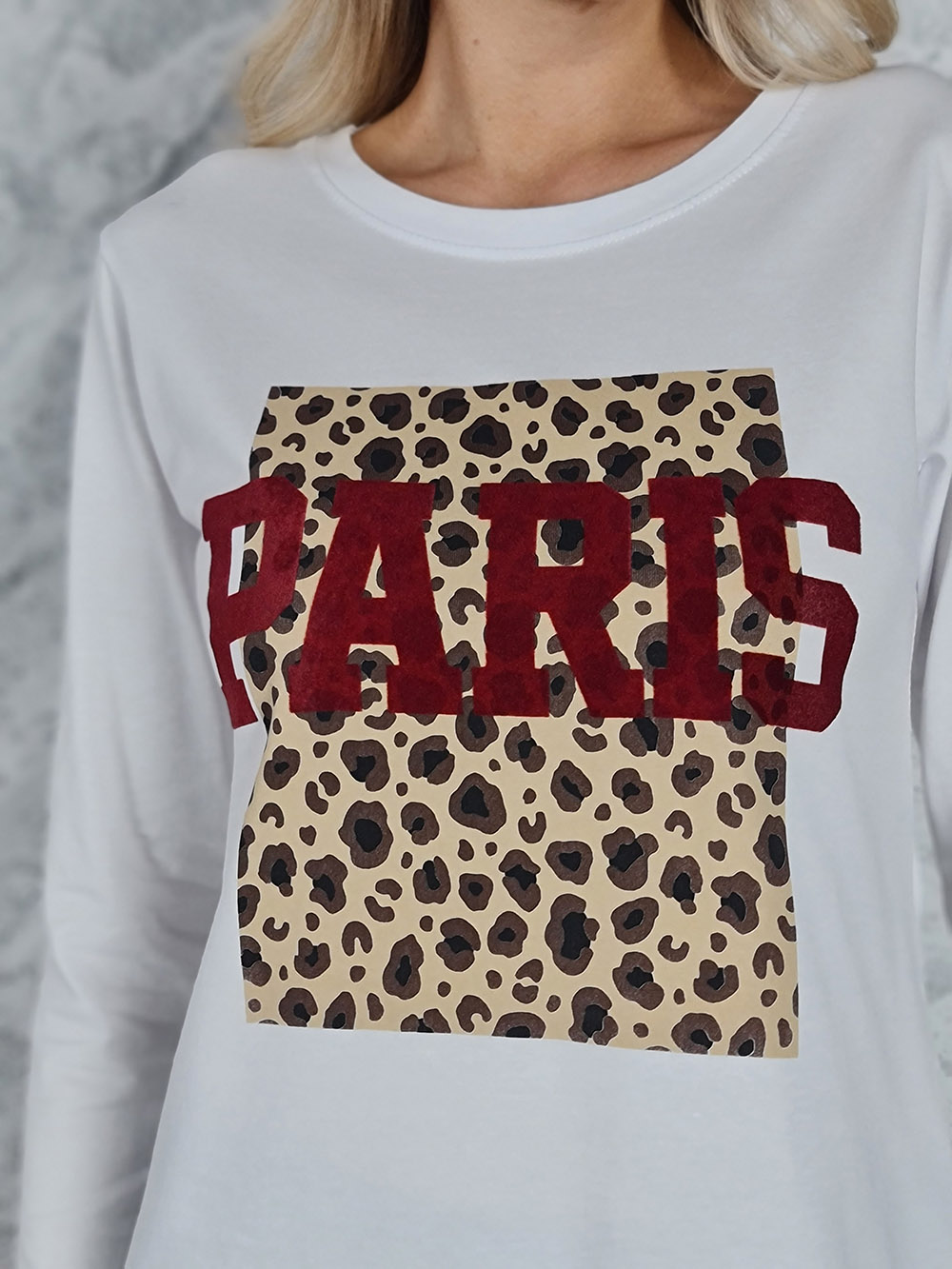 Лонгслив Mitica&Co. надпись розовая Paris на леопардовом фоне белый, фотография №4