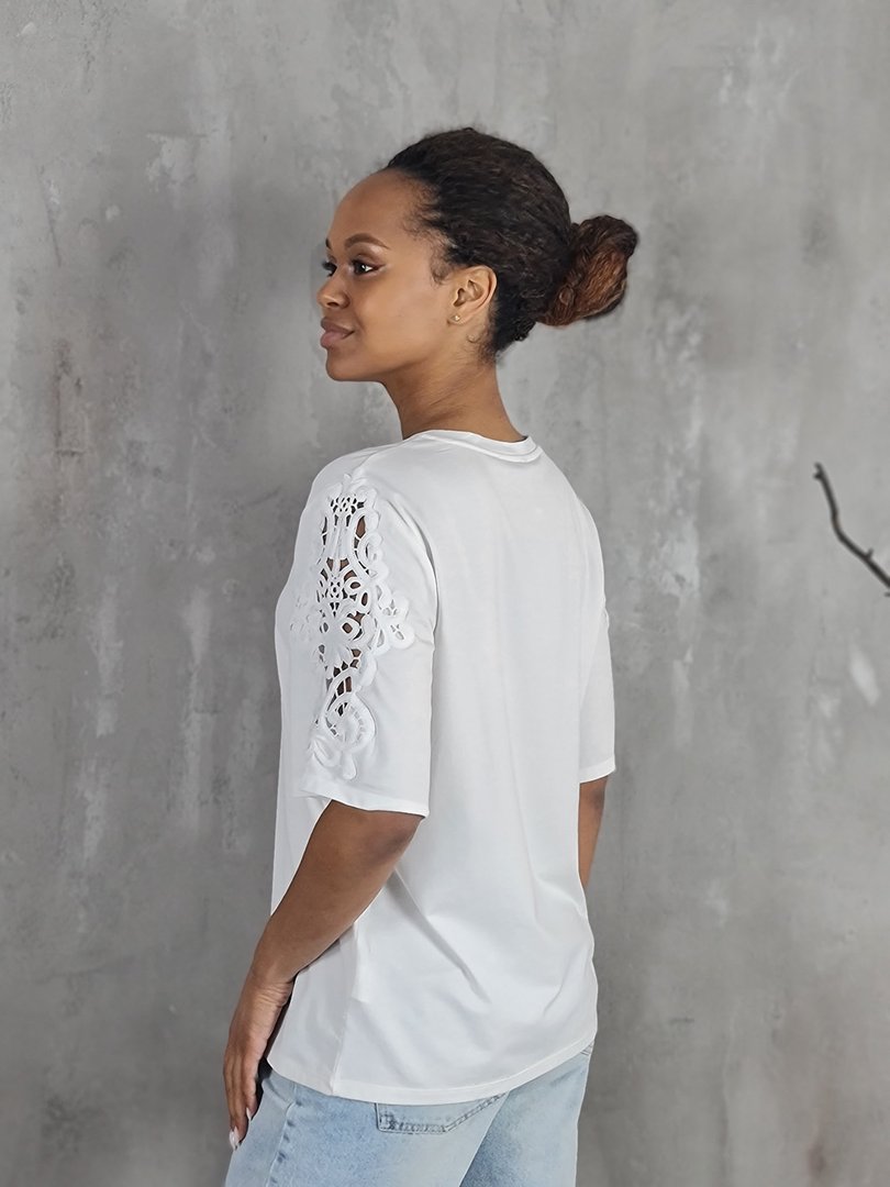 Футболка li.fe style с кружевом на рукавах белая, фотография №2