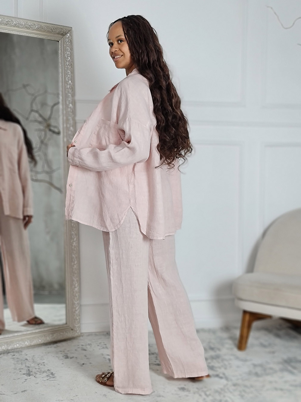 Костюм Shaken льняной рубашка и брюки пудра , фотография №3