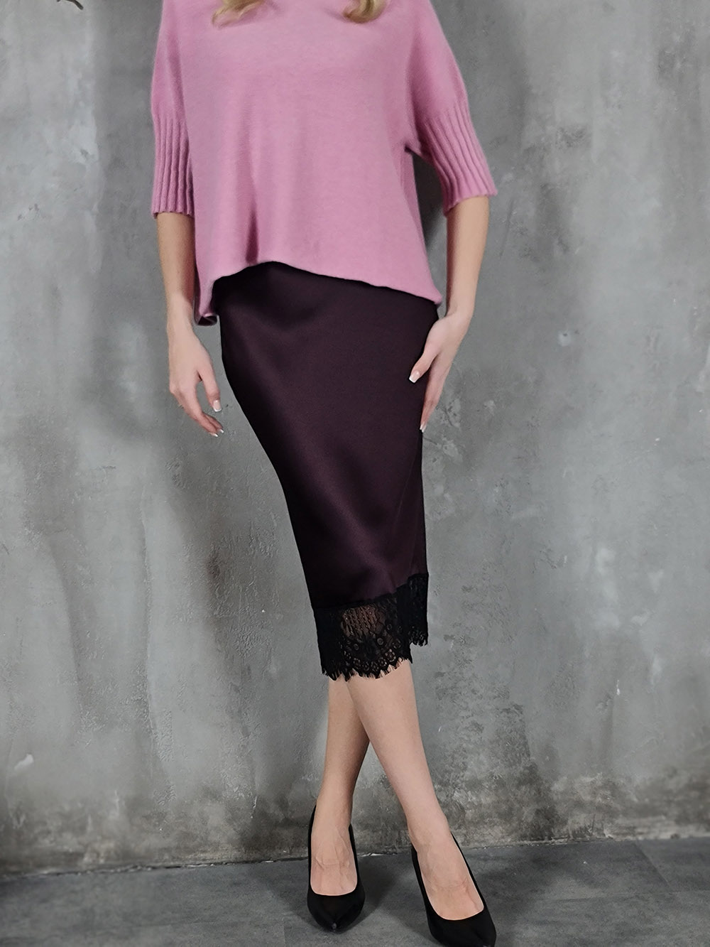 Imperial атласная юбка с черным кружевом снизу бордо, фотография №1