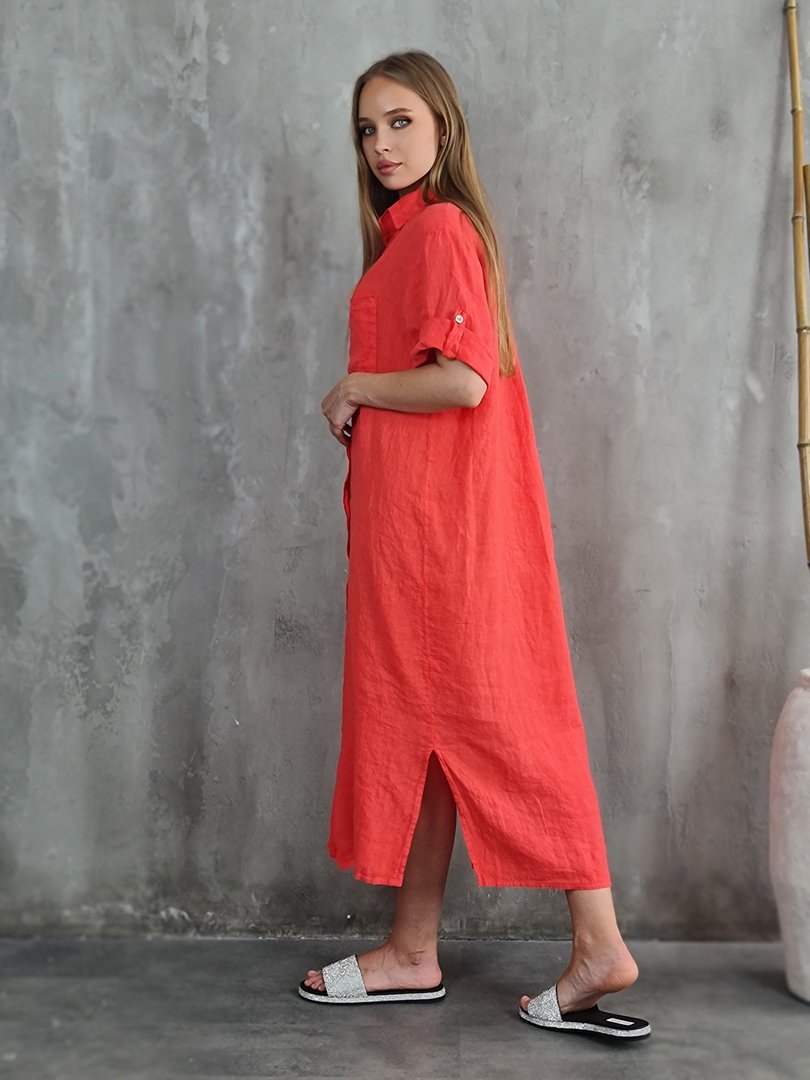 Платье-рубашка PURE LINEN с коротким рукавом коралловое, фотография №2