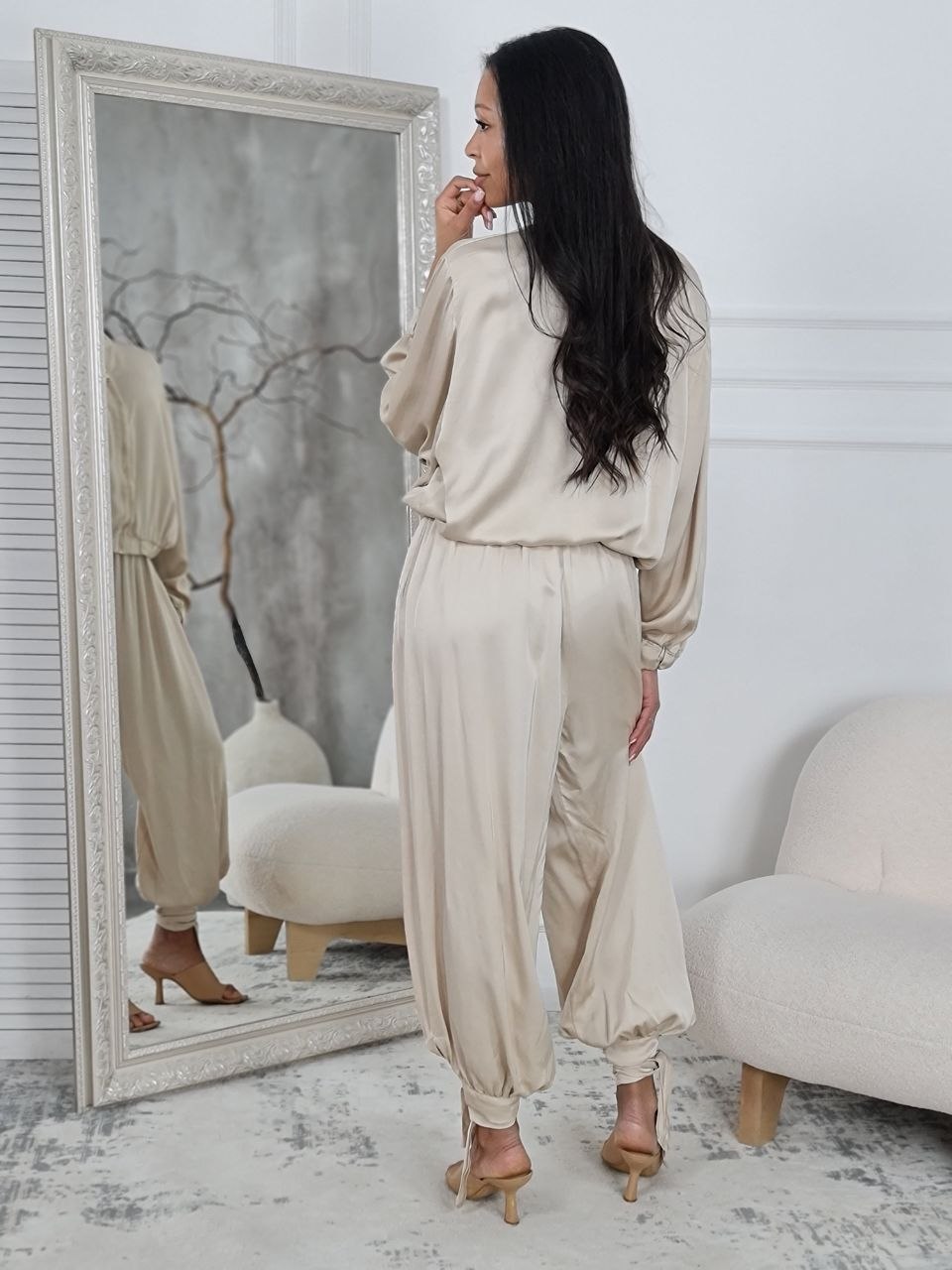 Костюм New Collection атласный бомбер и брюки золотисто-бежевый, фотография №4