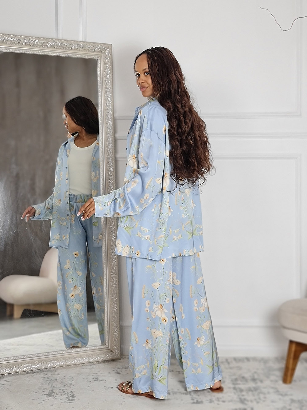 Костюм CLOTHÉ рубашка + брюки с принтом цветы голубой, фотография №3