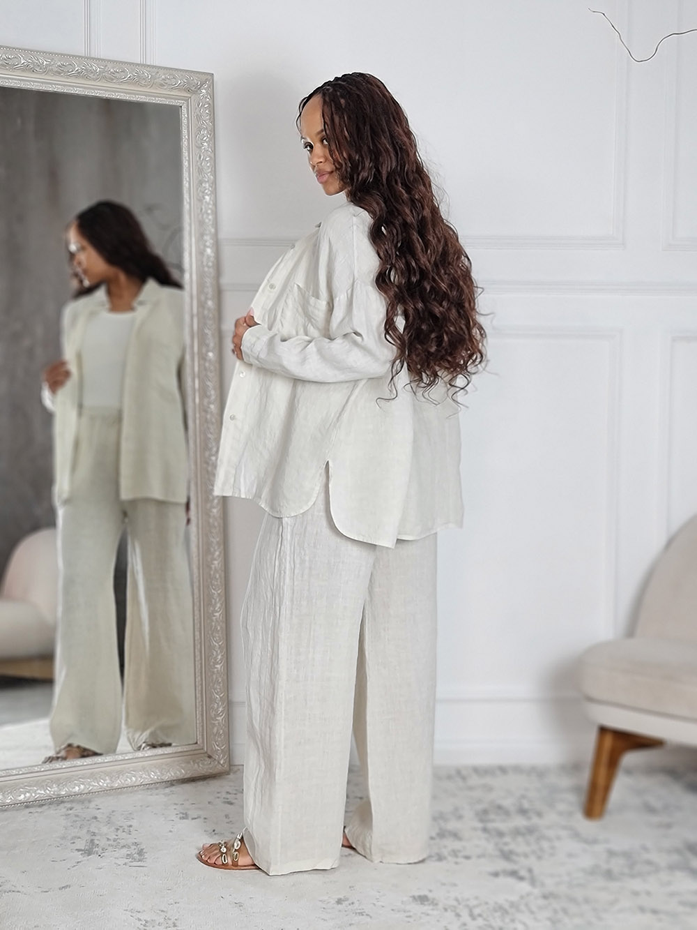 Костюм Shaken льняной рубашка и брюки молочный , фотография №4