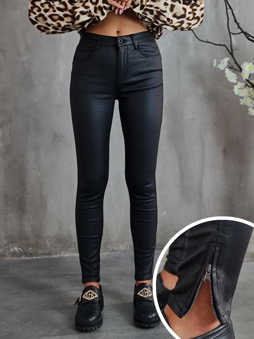 Брюки 3D Denim из экокожи с молниями внизу чёрные , фотография №1
