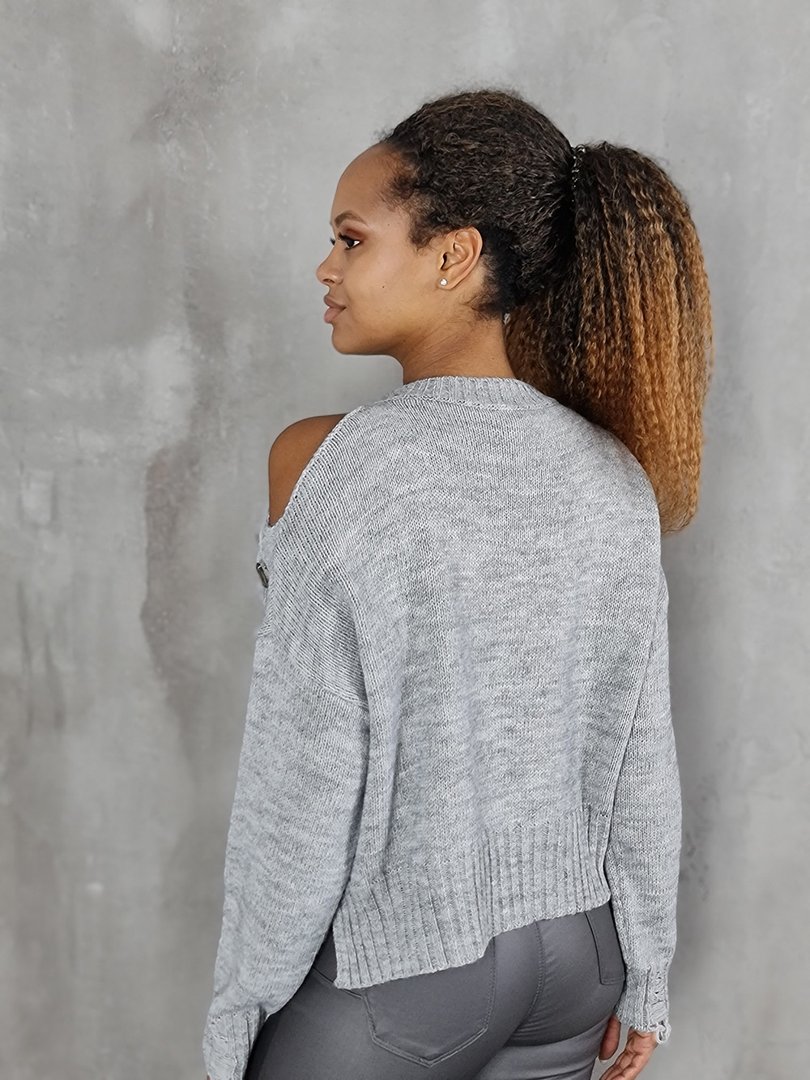 Джемпер King Kong  с открытым плечом и камнями серый, фотография №3