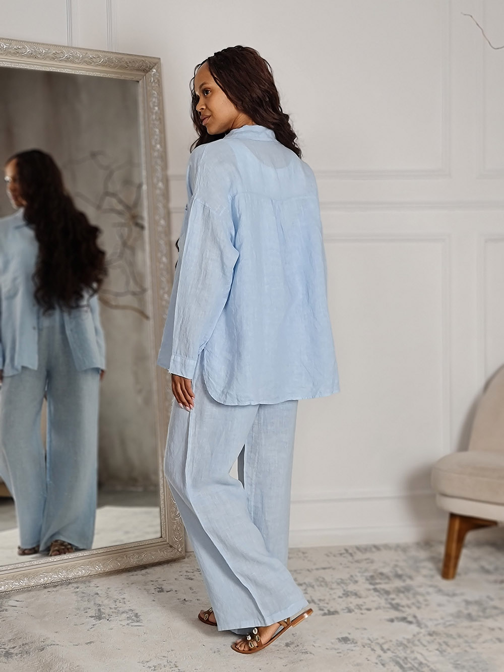 Костюм Shaken льняной рубашка и брюки голубой , фотография №3