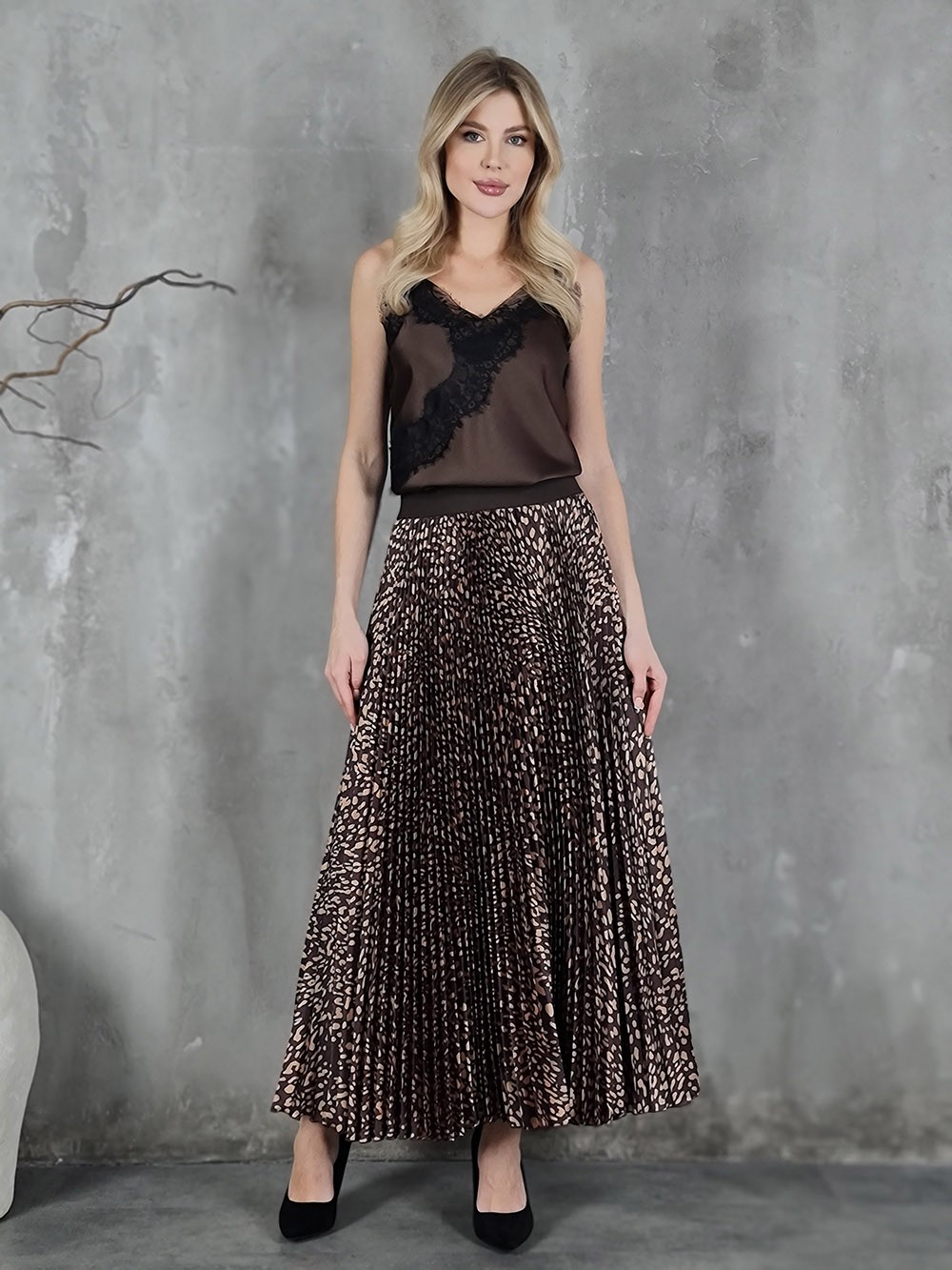 Юбка Imperial на резинке атласная плиссе с пятнистым принтом шоколад, фотография №5