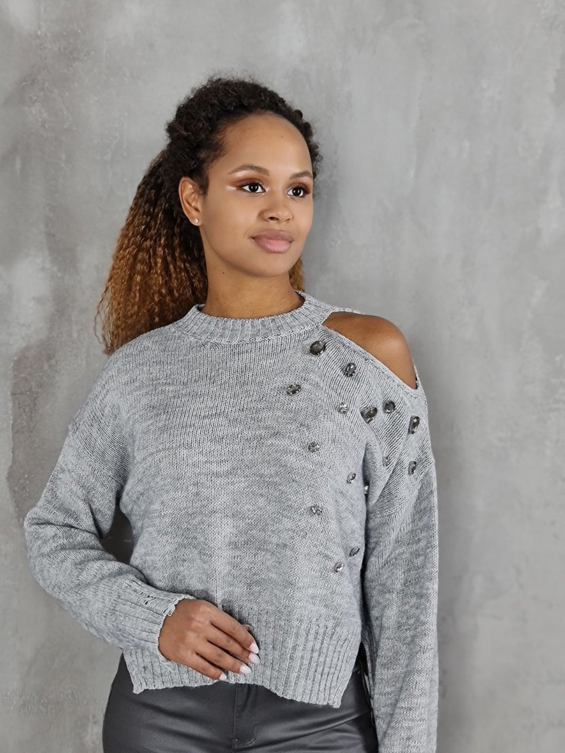 Джемпер King Kong  с открытым плечом и камнями серый, фотография №2