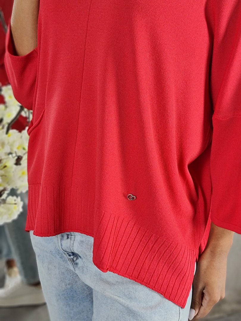 Джемпер Please с кармашком спереди, рукава 3/4 красный , фотография №3