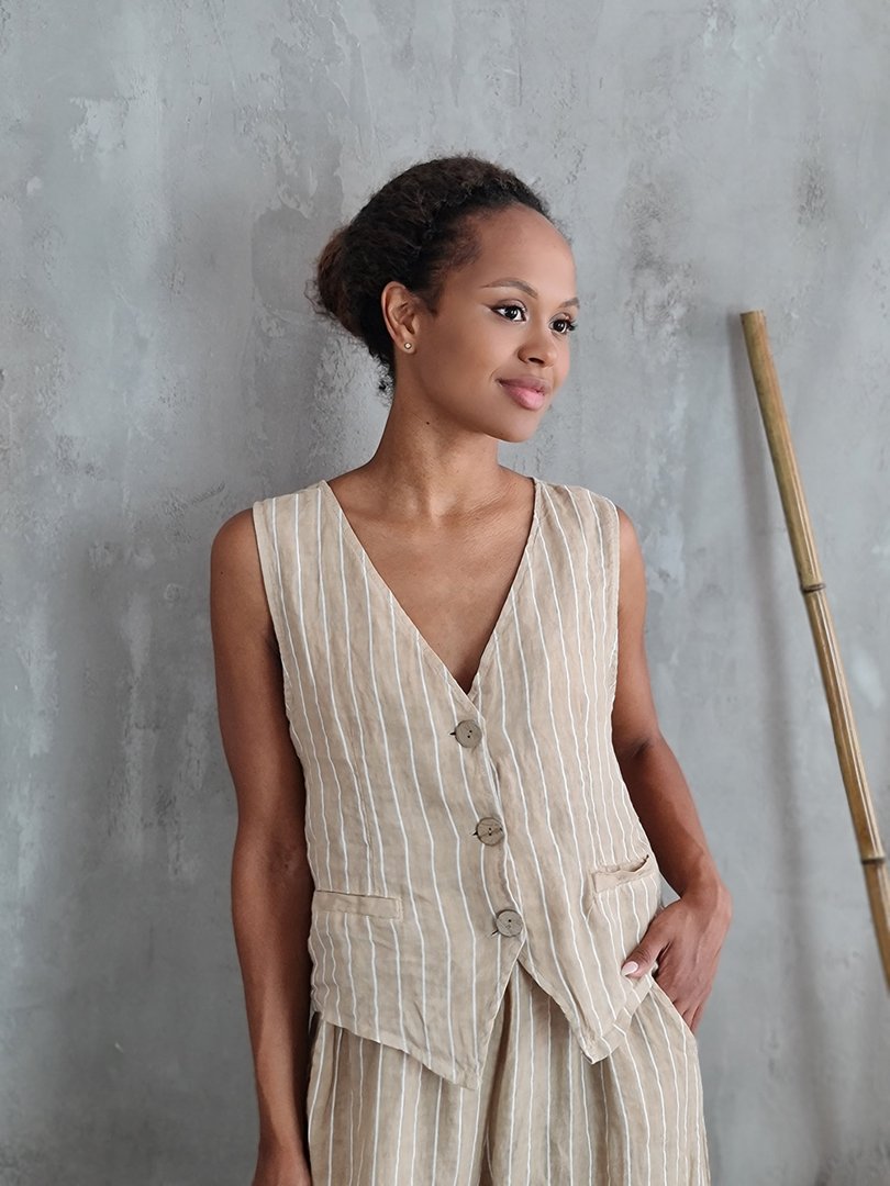 Костюм PURE LINEN жилет и брюки в полоску бежевый, фотография №3