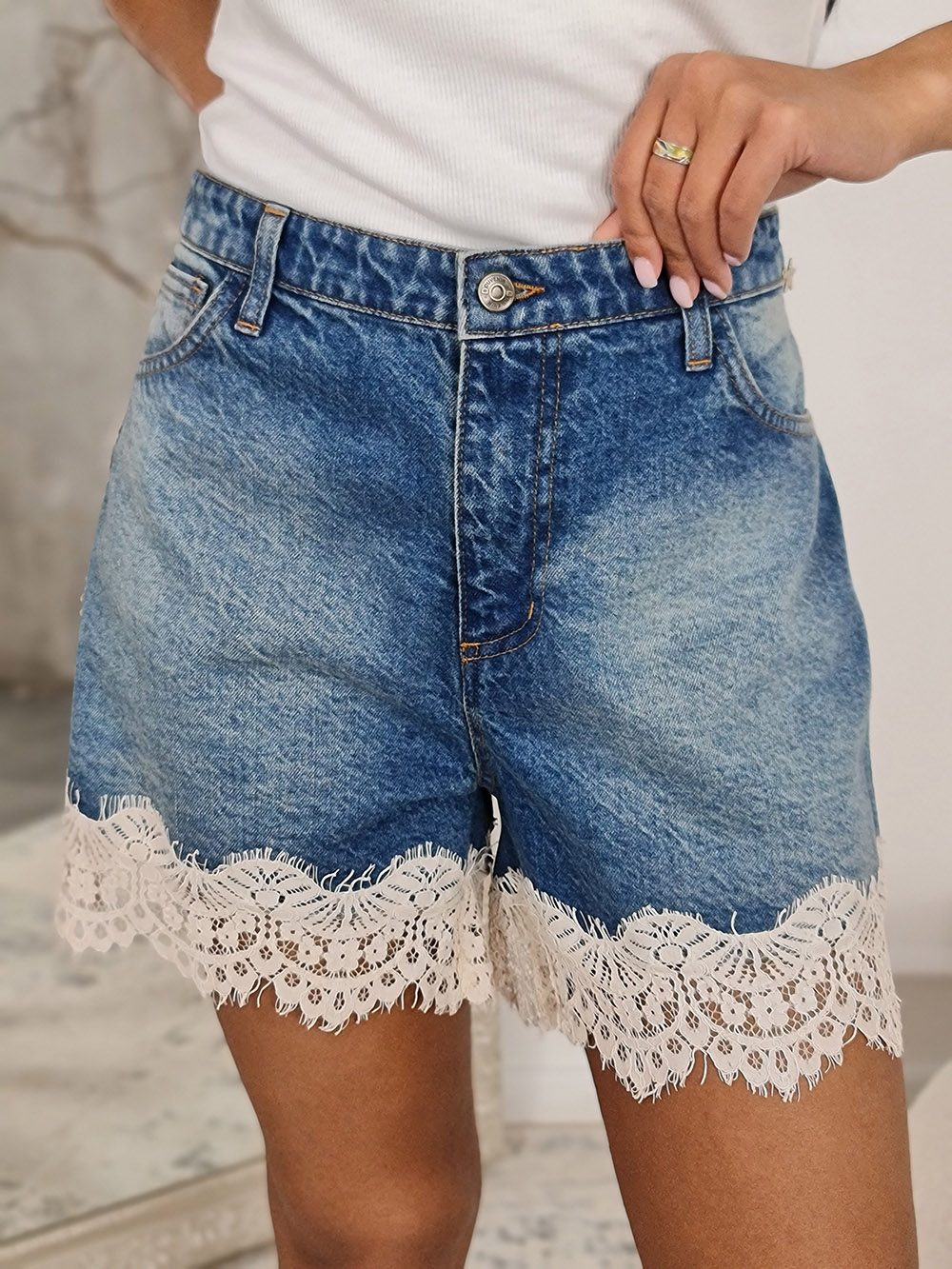 Шорты Souvenir джинсовые с кружевом синие, фотография №1