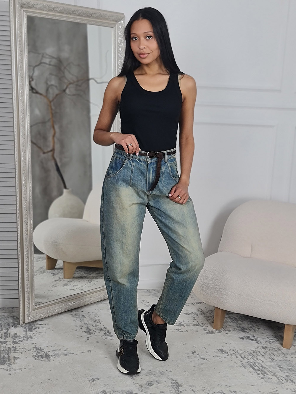 Джинсы Souvenir с шоколадным ремнем голубые , фотография №1