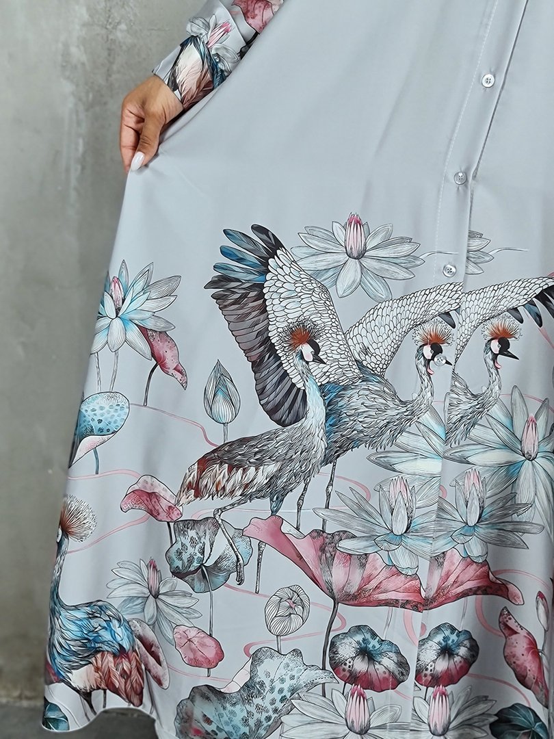 Платье Joleen свободное с цветами и птицами серое, фотография №5