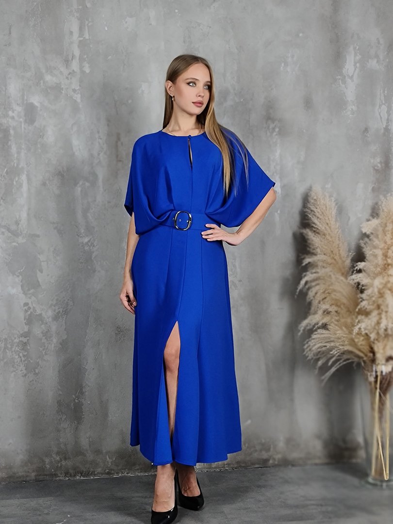 Платье Imperial макси с драпировками и широким поясом синее, фотография №2