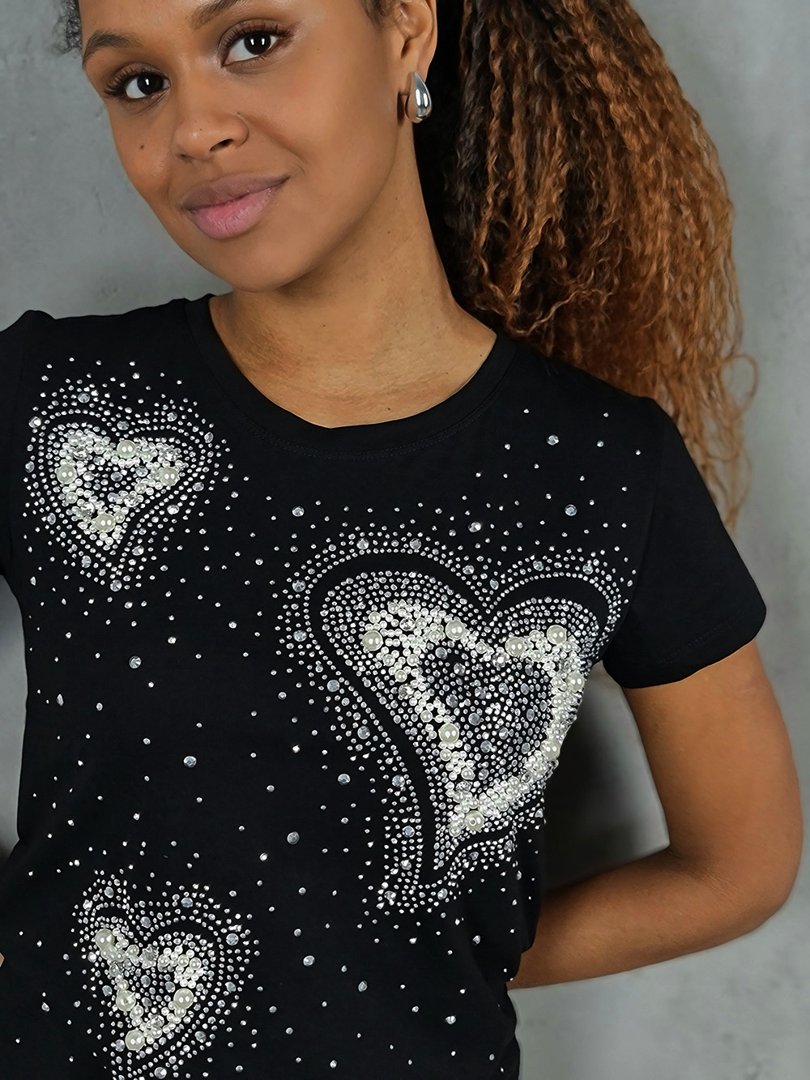 Футболка Miss Kiss с сердечками из страз чёрная, фотография №2