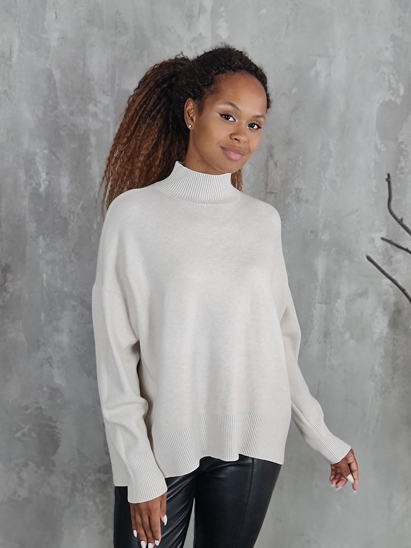 Джемпер Lara с высоким воротником в мелкий рубчик кремовый, фотография №2