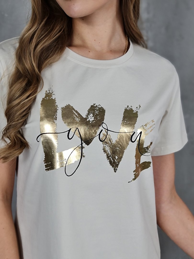 Футболка li.fe style с золотой надписью LOVE бежевая, фотография №2