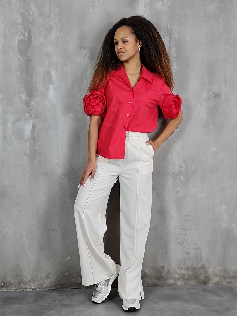 Рубашка MIHO'S с оригинальными цветами на рукавах красная, фотография №4