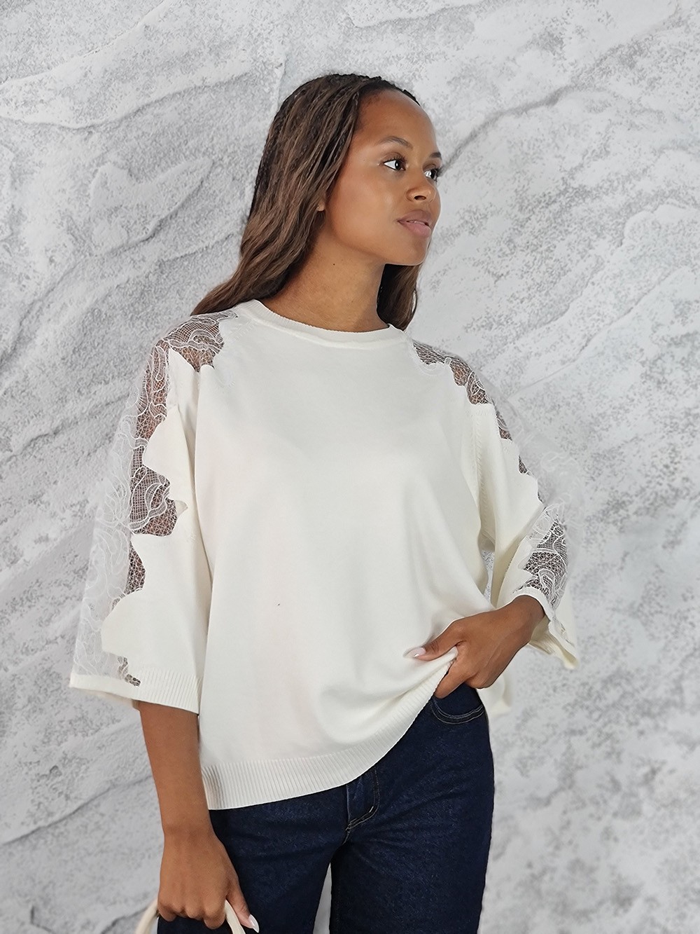 Джемпер Lara рукав 3/4 в сетку молочный, фотография №1