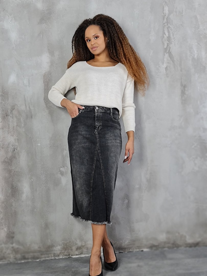 Юбка Please джинсовая с бахрамой снизу тёмно-серая , фотография №2