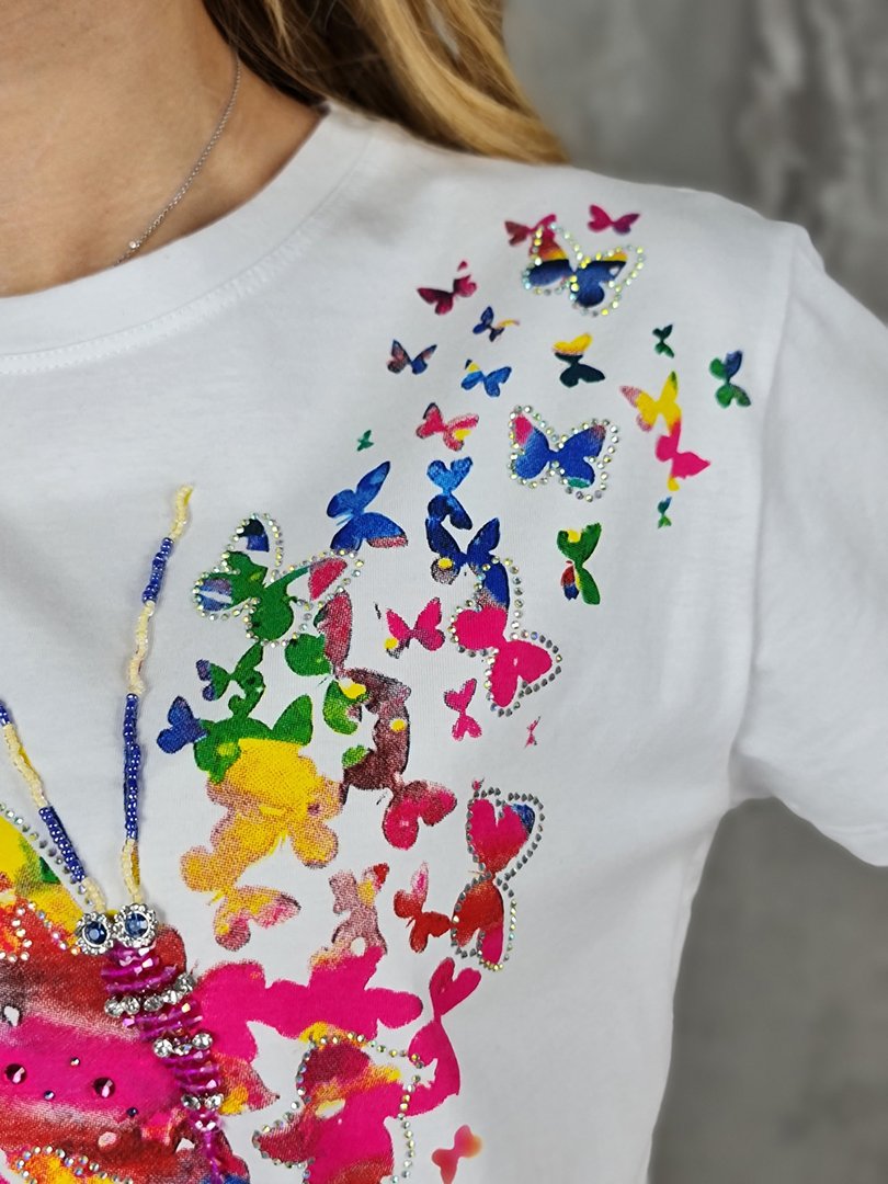 Футболка Miss Kiss с принтом розовой бабочки белая, фотография №4
