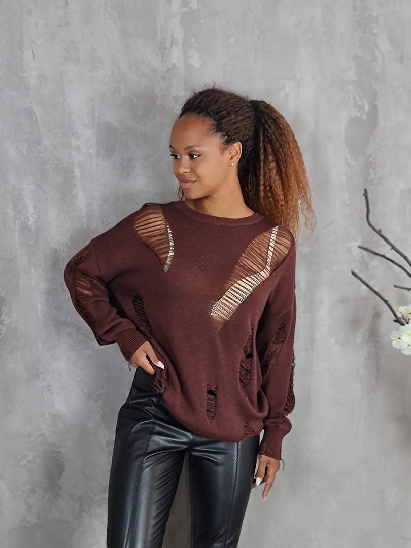 Джемпер Kontatto с рваными вставками коричневый, фотография №4