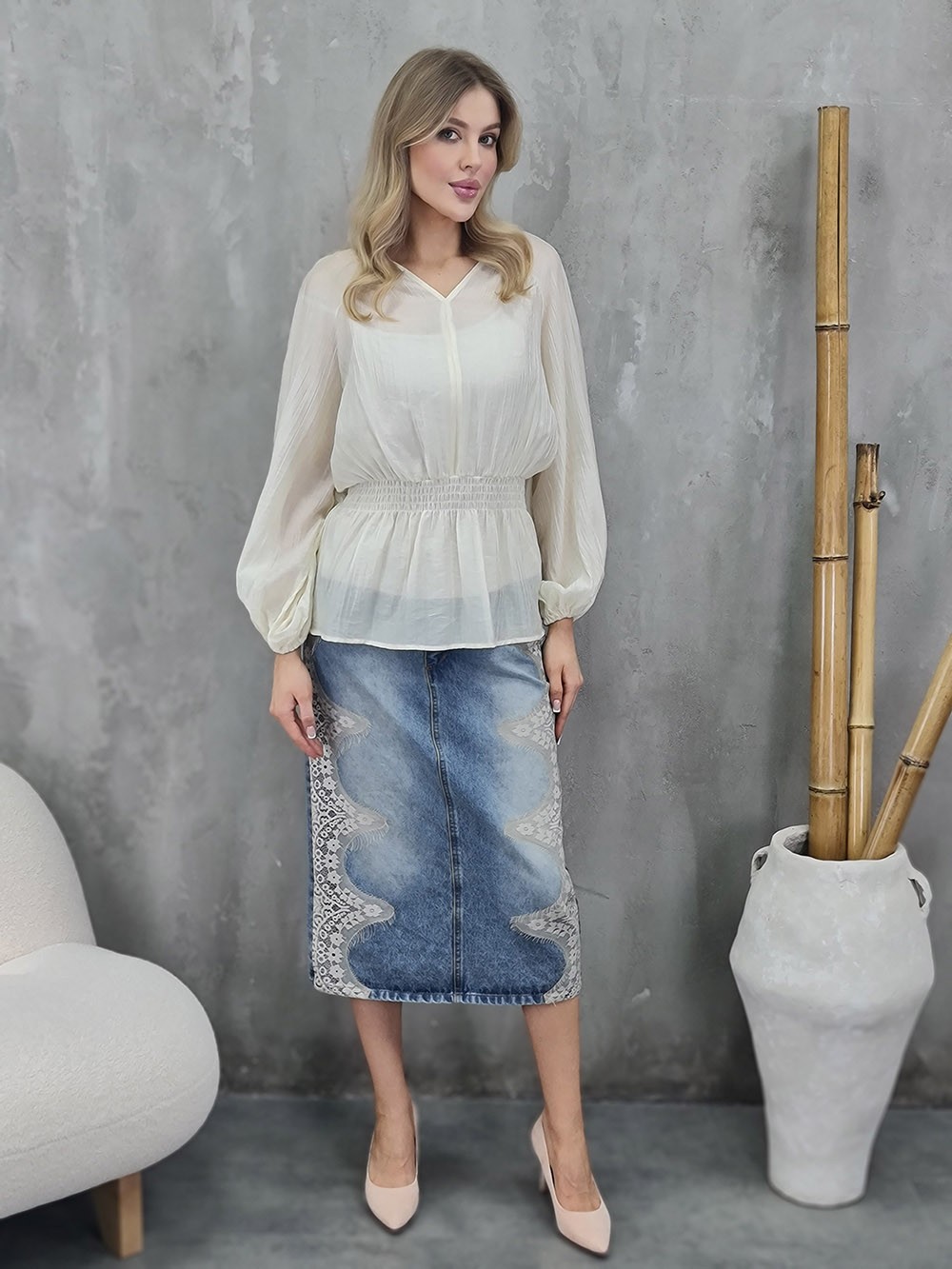 Юбка Souvenir джинсовая с кружеом синяя , фотография №5