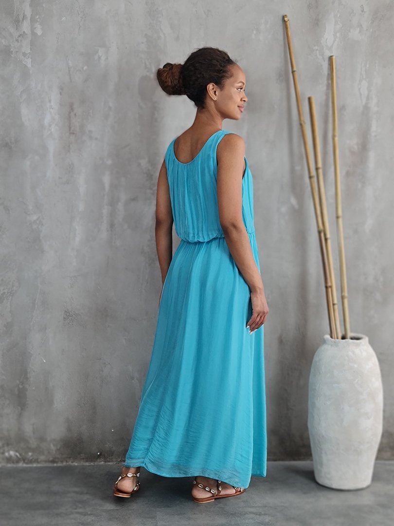 Платье Silk New с резинкой на талии голубое, фотография №2