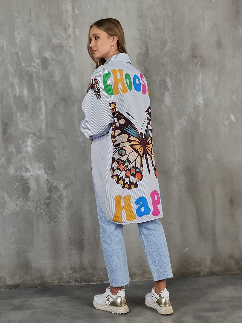 Рубашка Joleen удлиненная с принтом в виде бабочек голубая, фотография №4