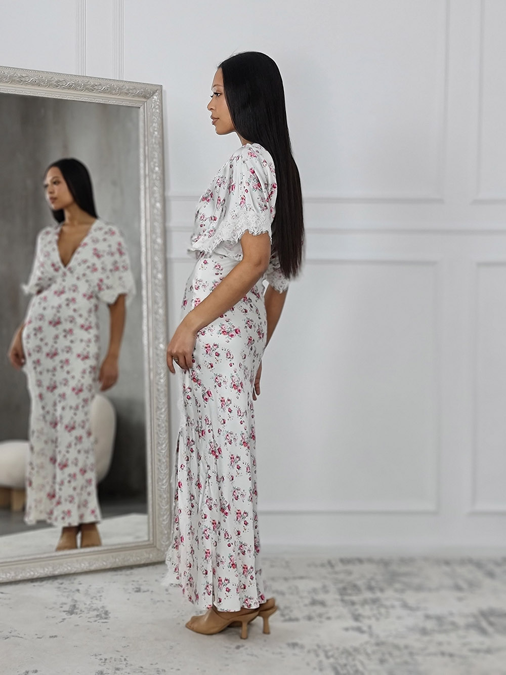 Платье Imperial с цветочным принтом и кружевом на рукавах молочное, фотография №5