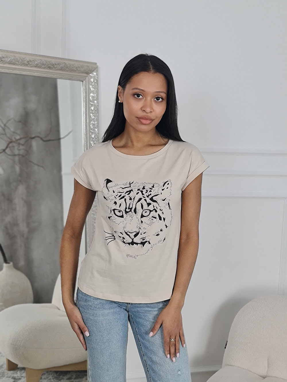 Футболка PAQUITO с принтом тигра кремовая, фотография №1