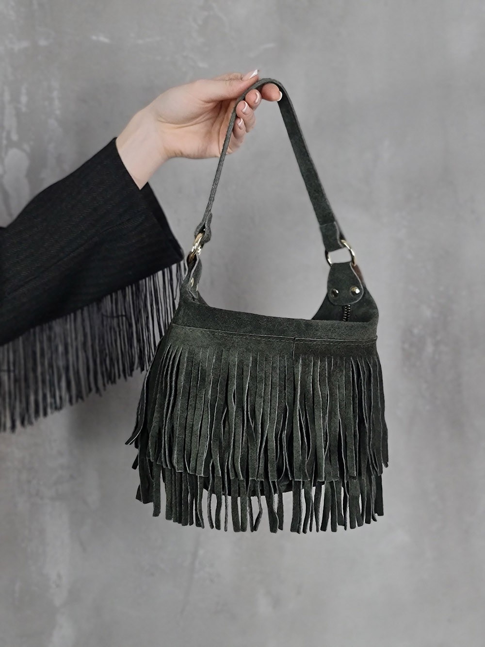 Сумка маленькая с бахромой хаки, фотография №1