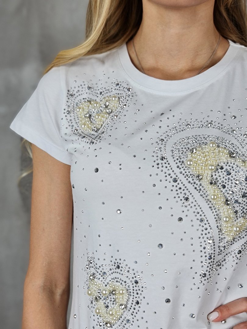 Футболка Miss Kiss с сердечками из страз белая, фотография №2