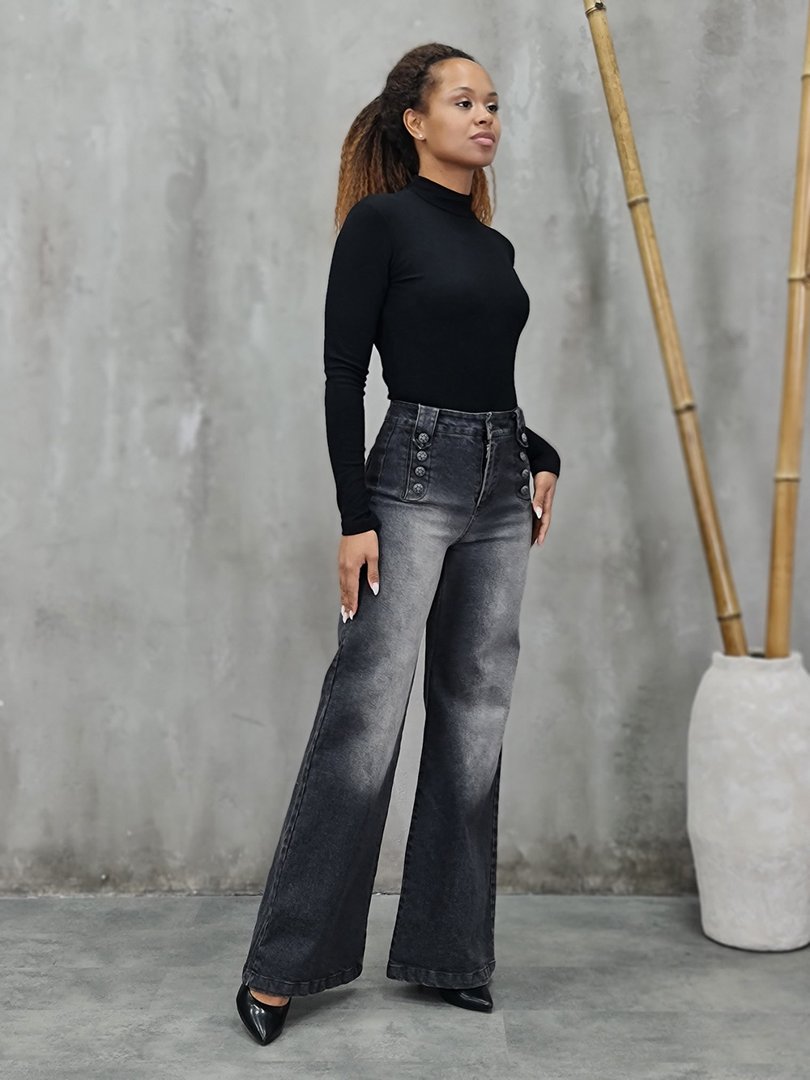 Джинсы 3D Denim прямые с декоративными пуговица черные, фотография №4