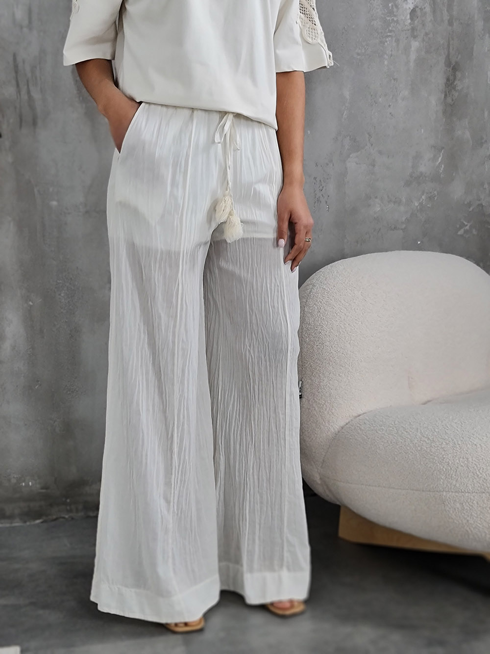 Брюки MIHOs прозрачные на завязках с помпончиком молочные , фотография №1