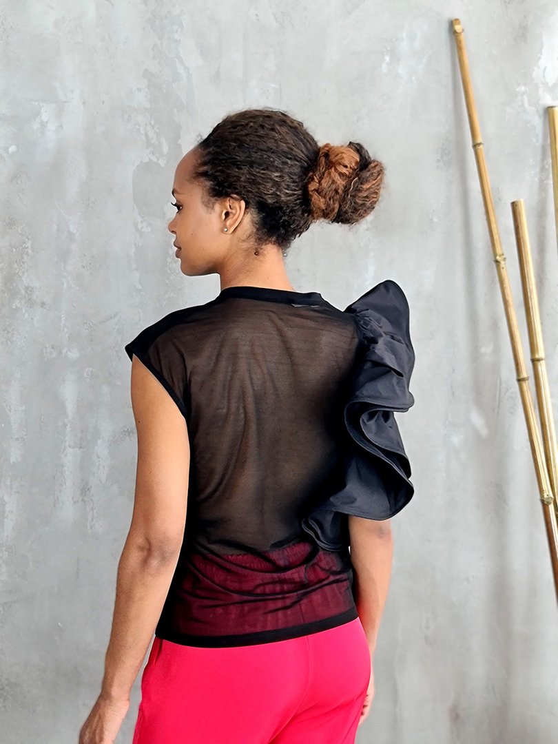 Футболка Imperial с прозрачной спиной и воланами на плече черная, фотография №2