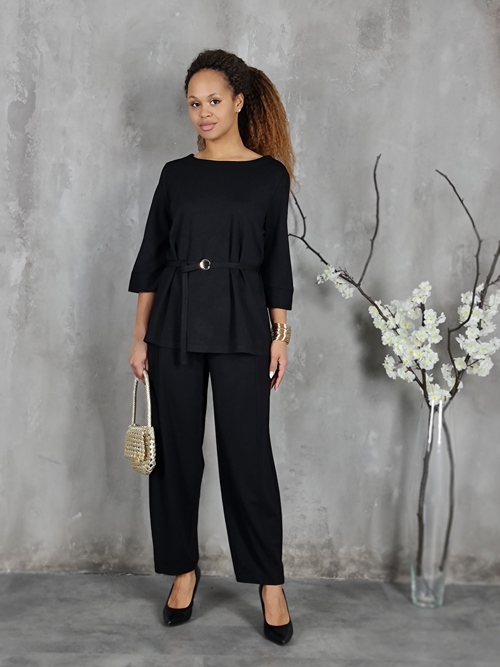 Костюм Imperial джемпер 3/4 с поясом и брюки на резинке черный (FH86JHZ), фотография №3