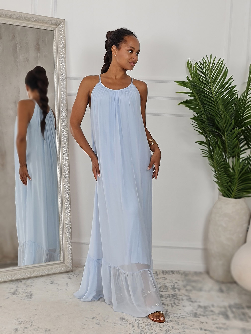 Платье CLOTHÉ шелковое на тонких лямках макси голубое, фотография №1