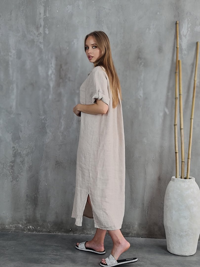 Платье-рубашка PURE LINEN с коротким рукавом бежевое, фотография №2