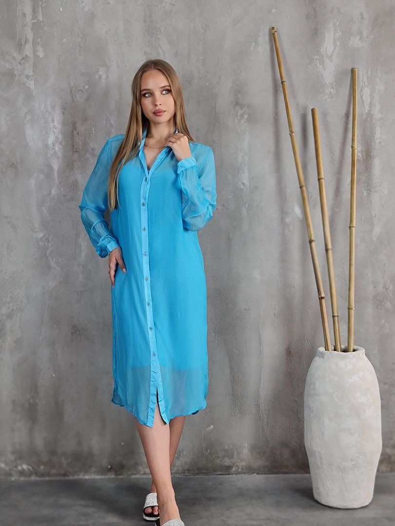 Платье-рубашка Pura Seta шёлковое лазурное, фотография №2