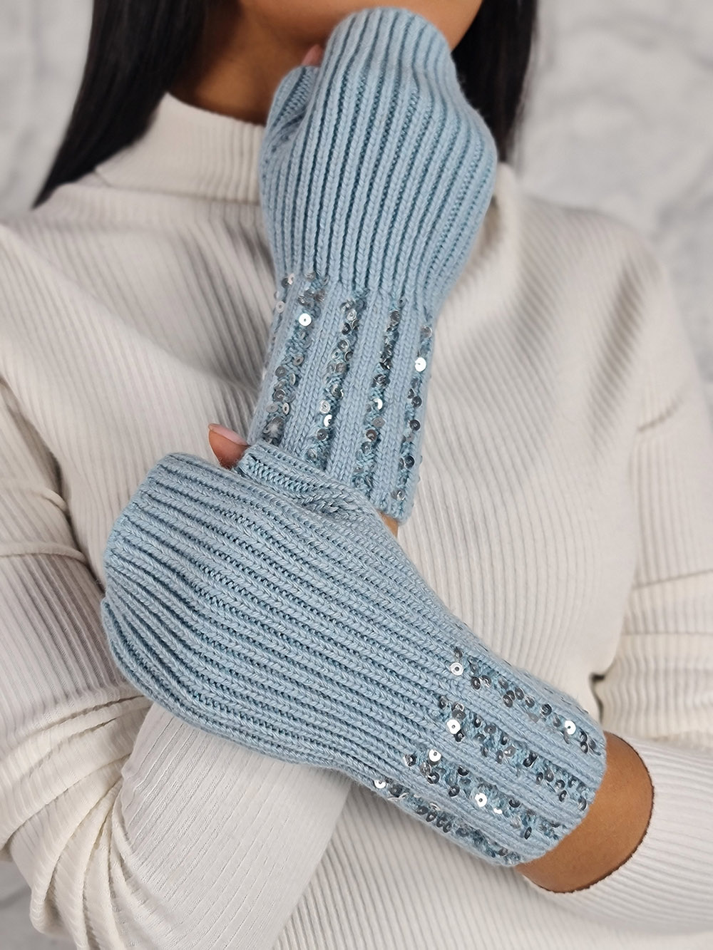 Митенки Alex Max с пайетками голубые, фотография №2