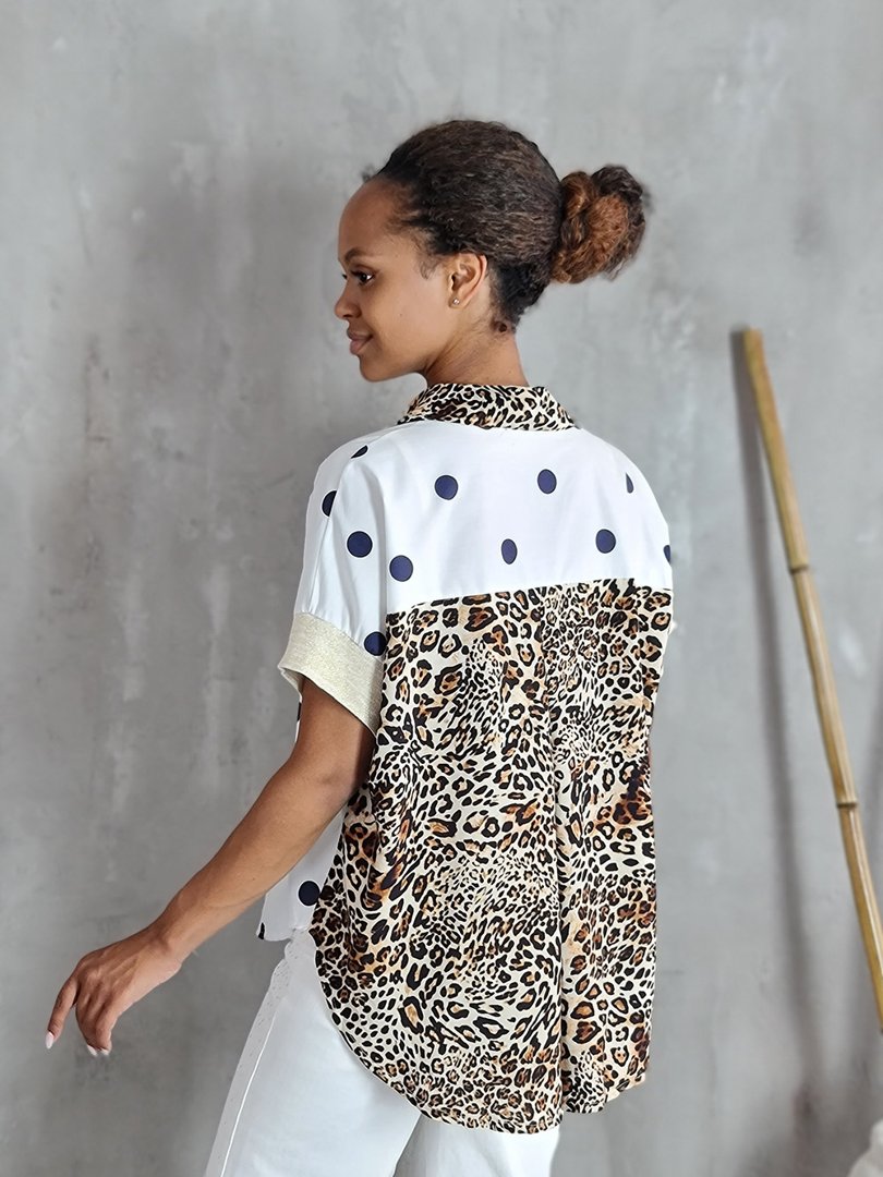 Рубашка STAR в горошек с леопард вставками белая, фотография №3