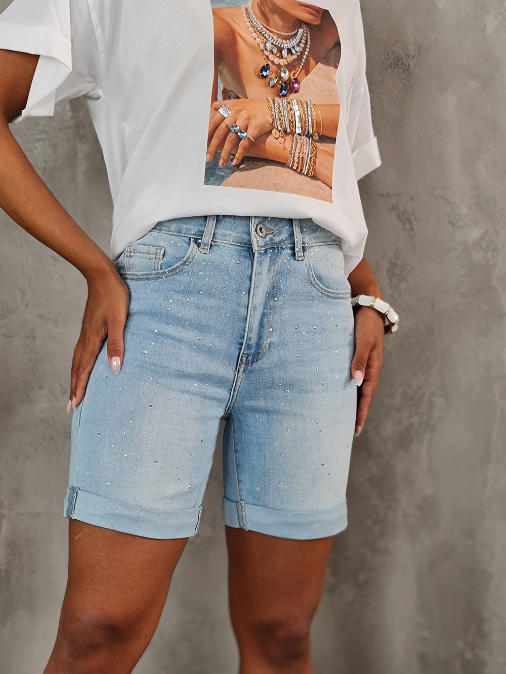 Шорты 3D Denim со стразами голубые , фотография №1