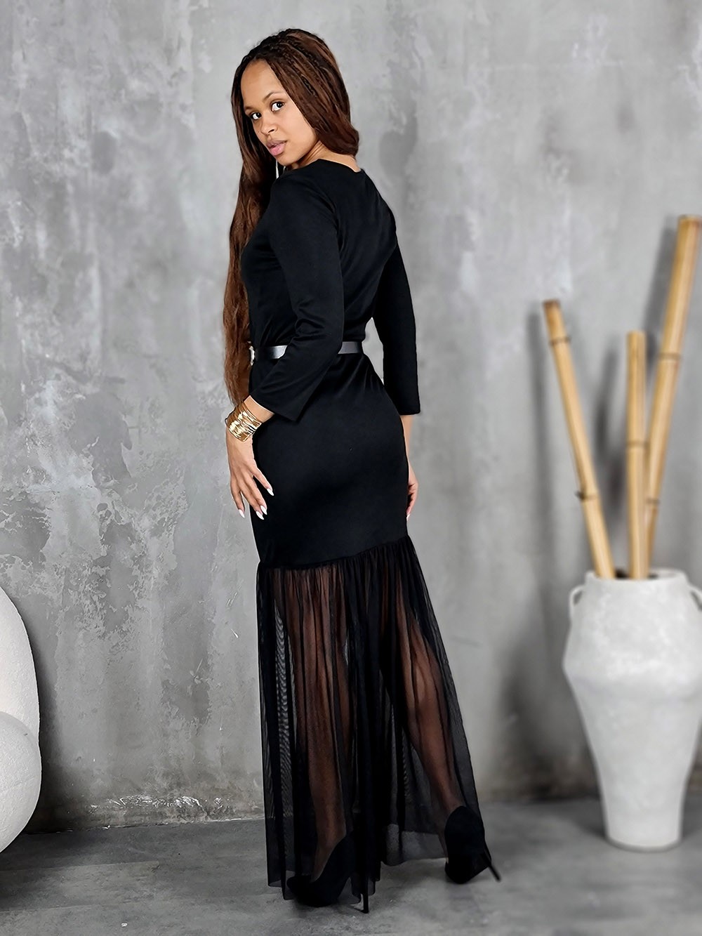 Платье Imperial длинное черное прозрачное снизу с ремнем черное, фотография №2