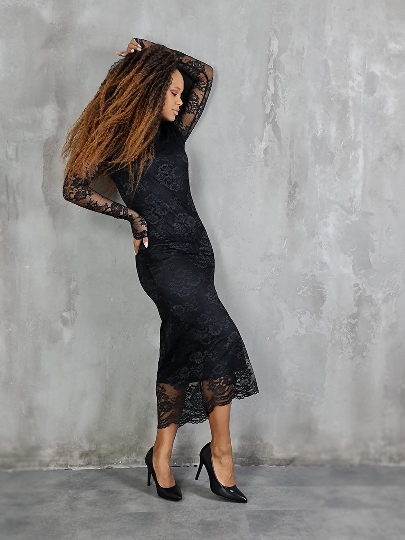 Платье MIHO'S кружевное с длинным рукавом чёрное, фотография №2