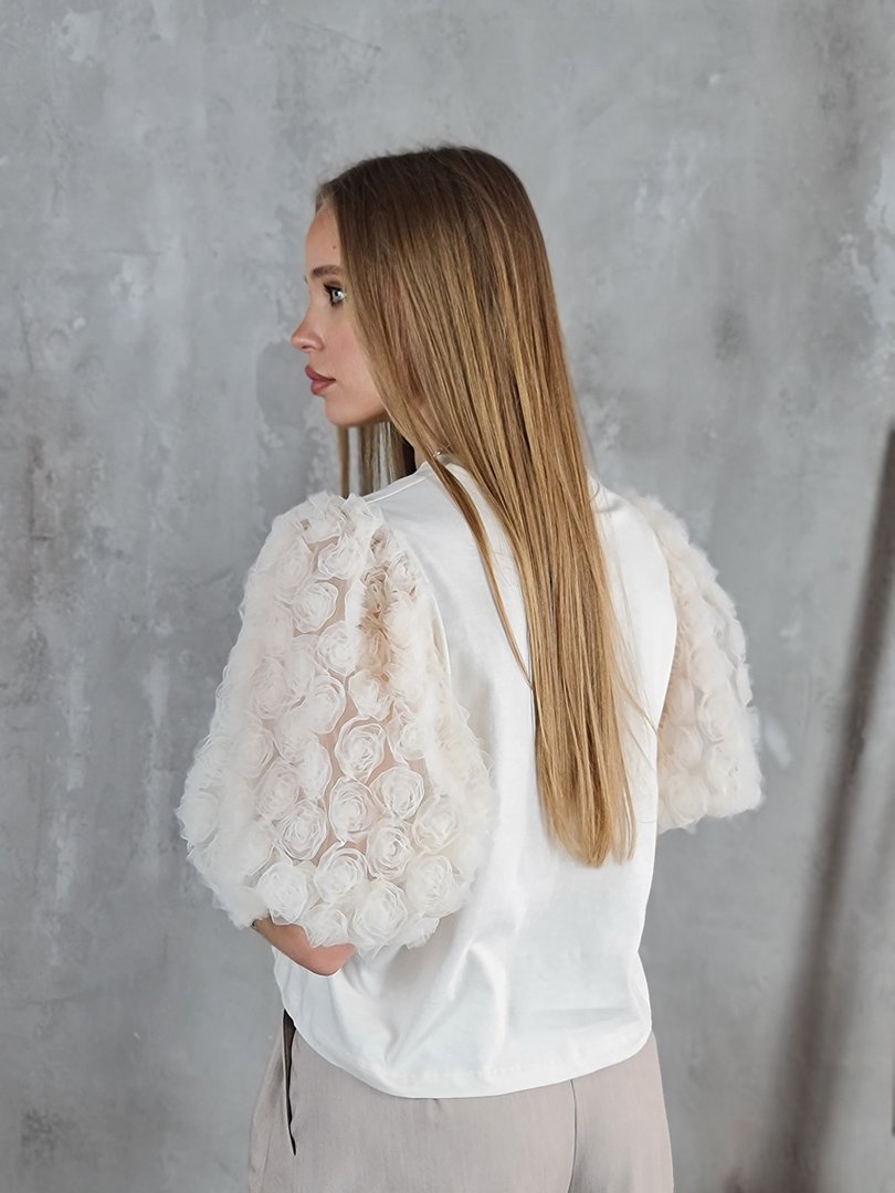 Футболка Imperial с объемными сетчатыми рукавами кремовая, фотография №2