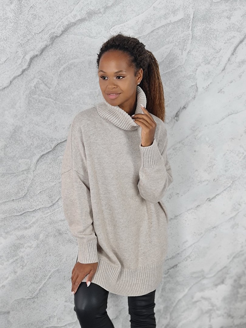 Джемпер Lara удлиненный с высоким горлом бежевый, фотография №1